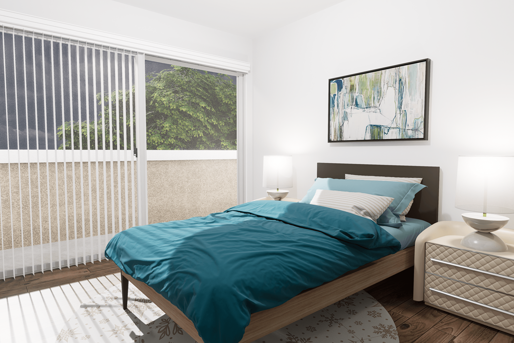 a bedroom with a bed and two windows