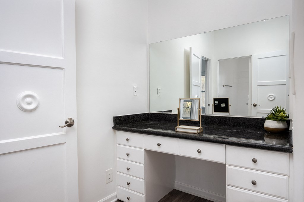 a bathroom with a vanity and a mirror