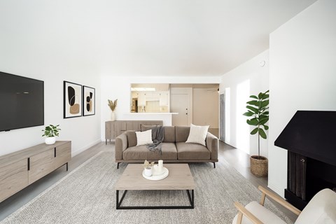 A modern living room with a grey sofa, a coffee table, and a fireplace.