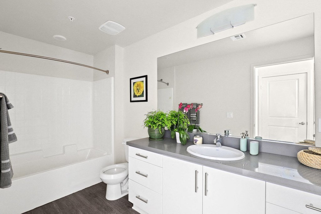 a bathroom with white cabinets in apartments for rent in Van Nuys