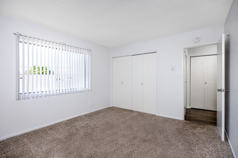 A room with a carpeted floor, a window with blinds, and a door.