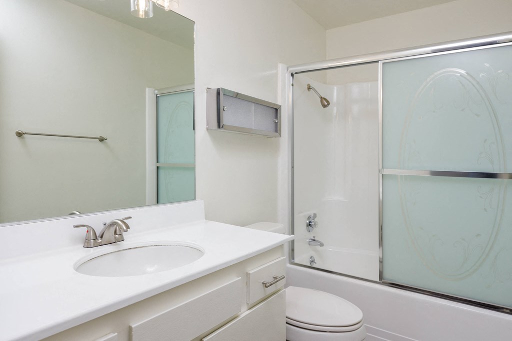 a bathroom with a sink and a shower and a toilet