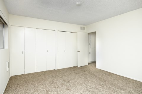an empty room with white closets and carpeting