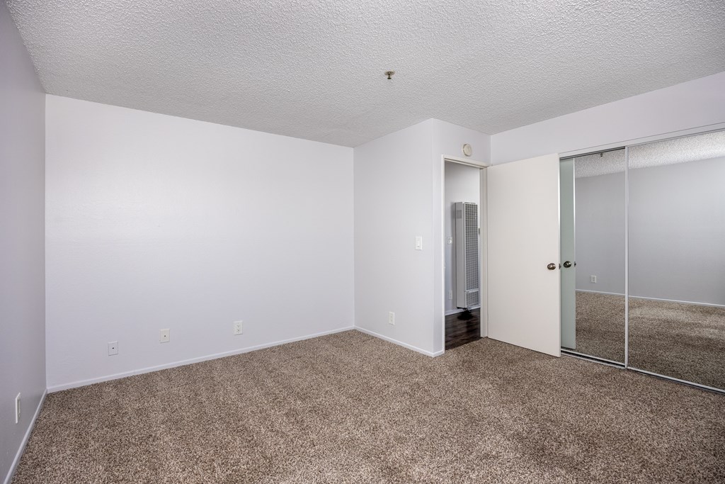 A room with a carpeted floor and a glass door.