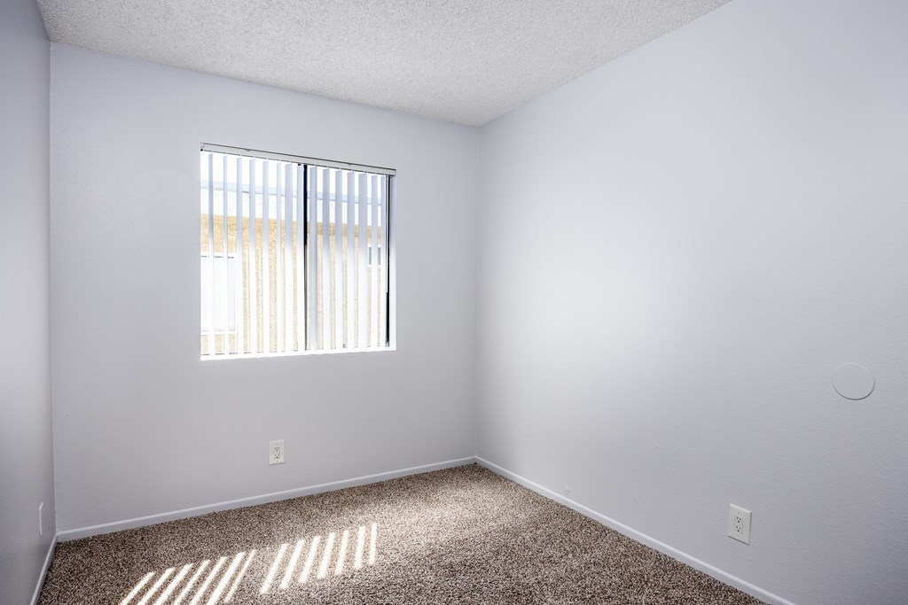 A room with a window and carpeted floor.