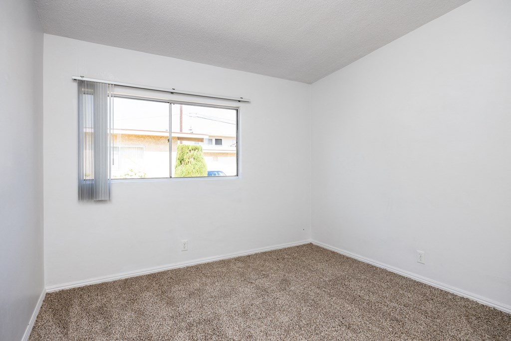 an empty room with carpet and a window