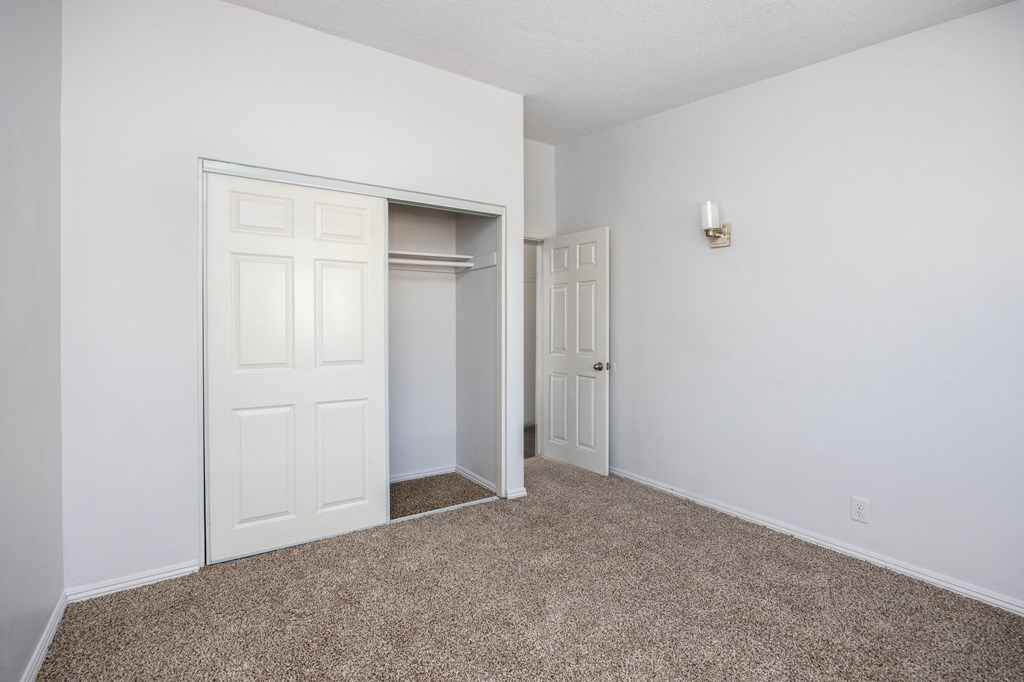 a bedroom with white walls and carpet and a closet