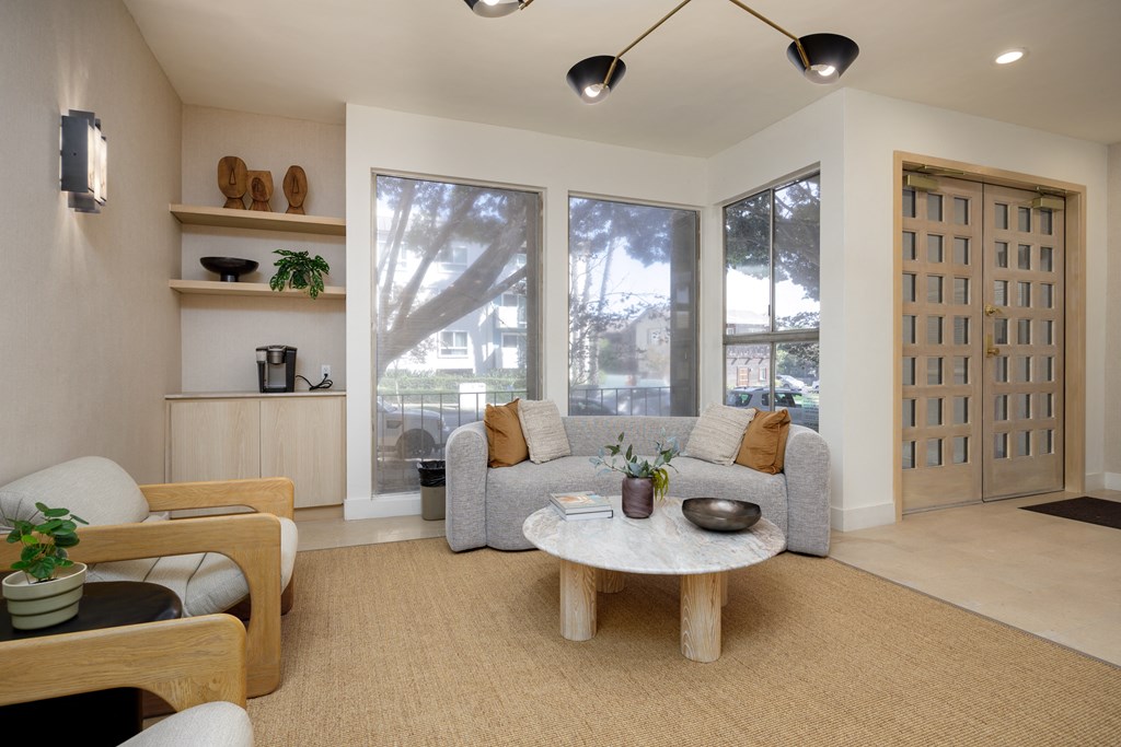 a living room with a couch and a coffee table