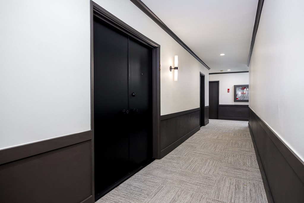 a hallway with black doors and white walls and a carpeted floor