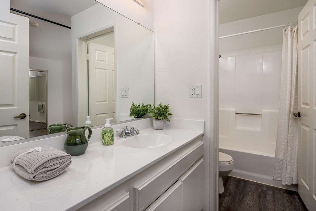 A white bathroom with a mirror, sink, and toilet.