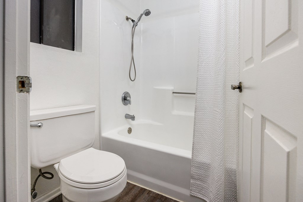 A white toilet is next to a bathtub in a bathroom.