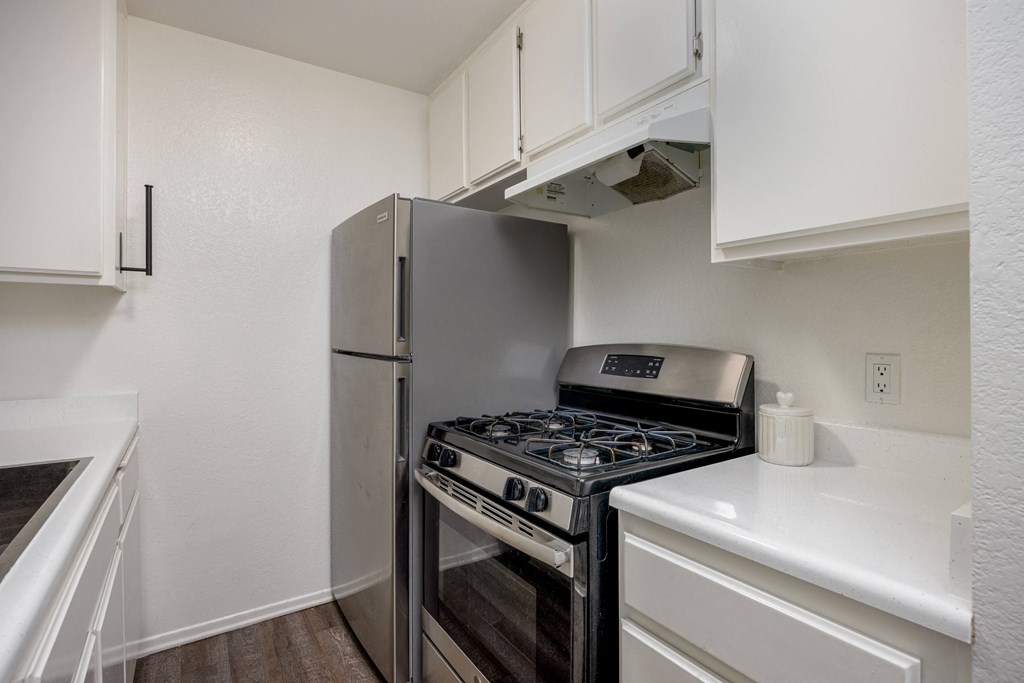 A kitchen with a stove and a refrigerator.