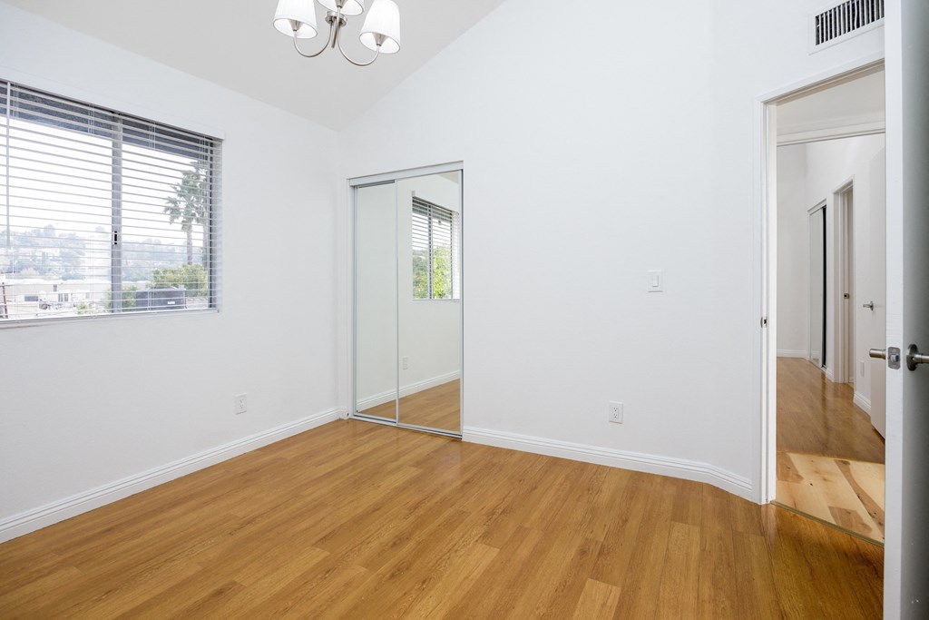 a living room with white walls and wood floors and a mirrored closet