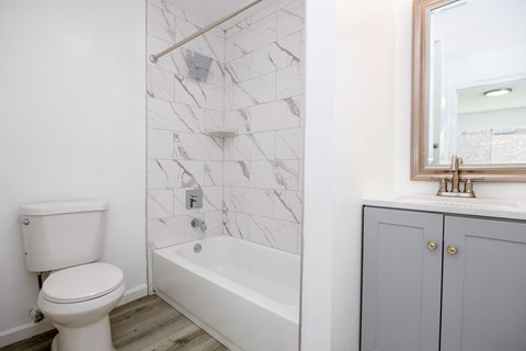 a bathroom with a toilet and a tub and a sink