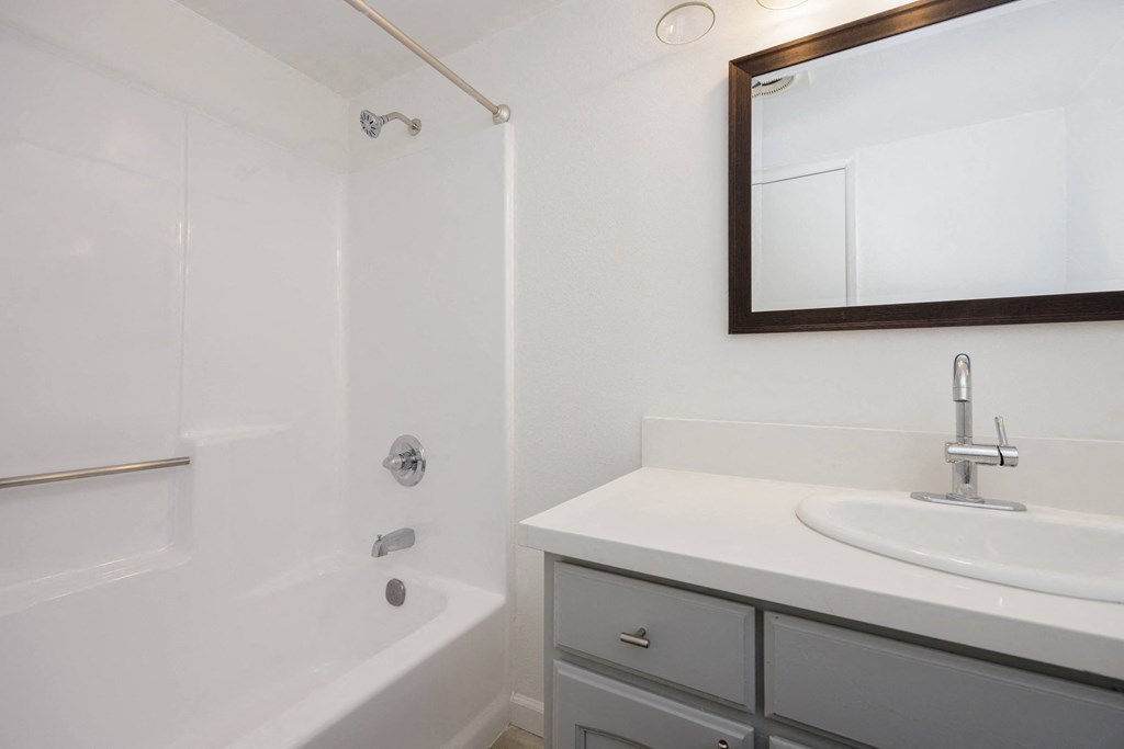 a bathroom with a sink and a tub and a mirror