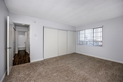 A room with a carpeted floor and a window with blinds.