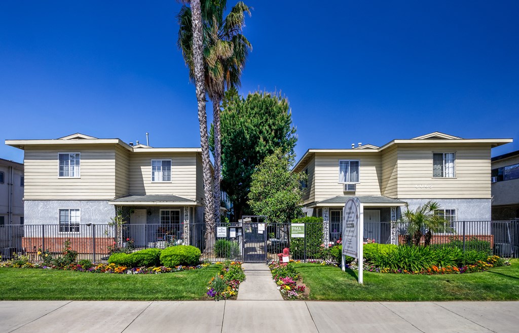 a sidewalk in front of two houses with a palm tree