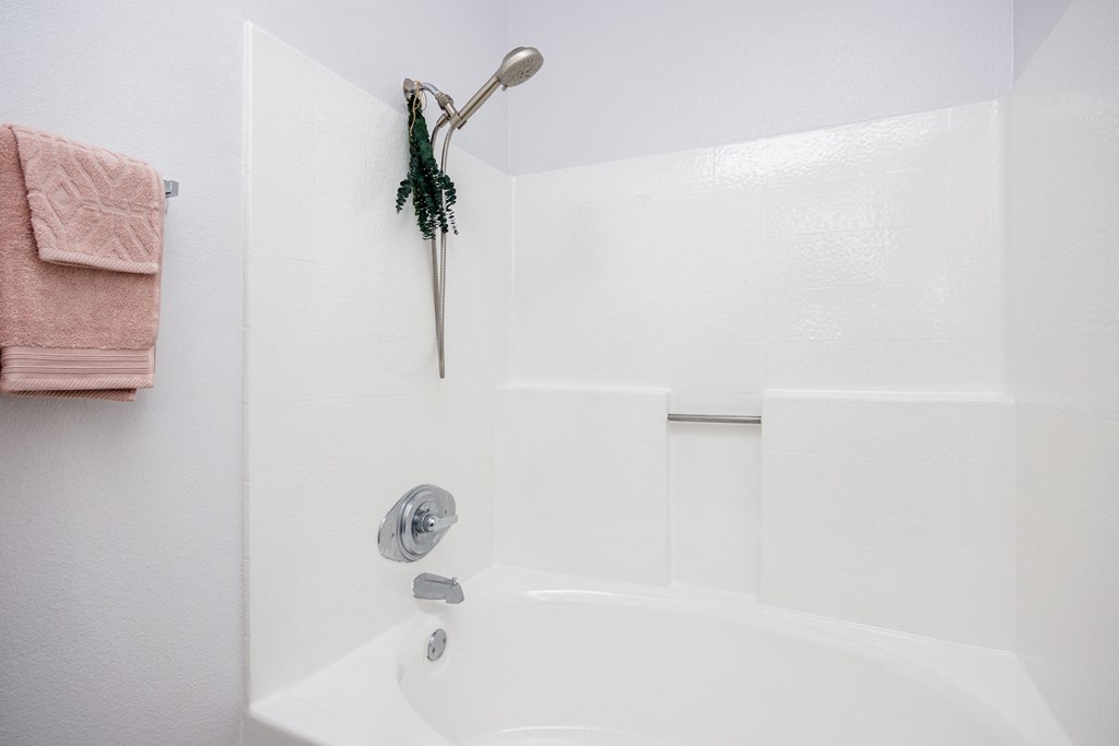 a bathroom with a white tub and a green plant in the shower