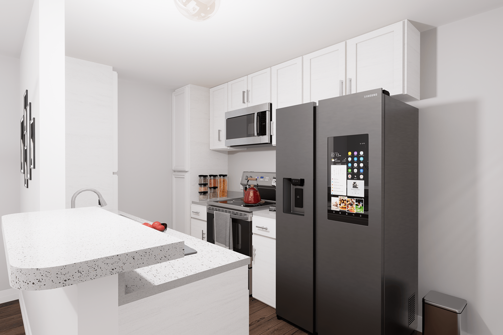 a kitchen with a refrigerator and a counter top