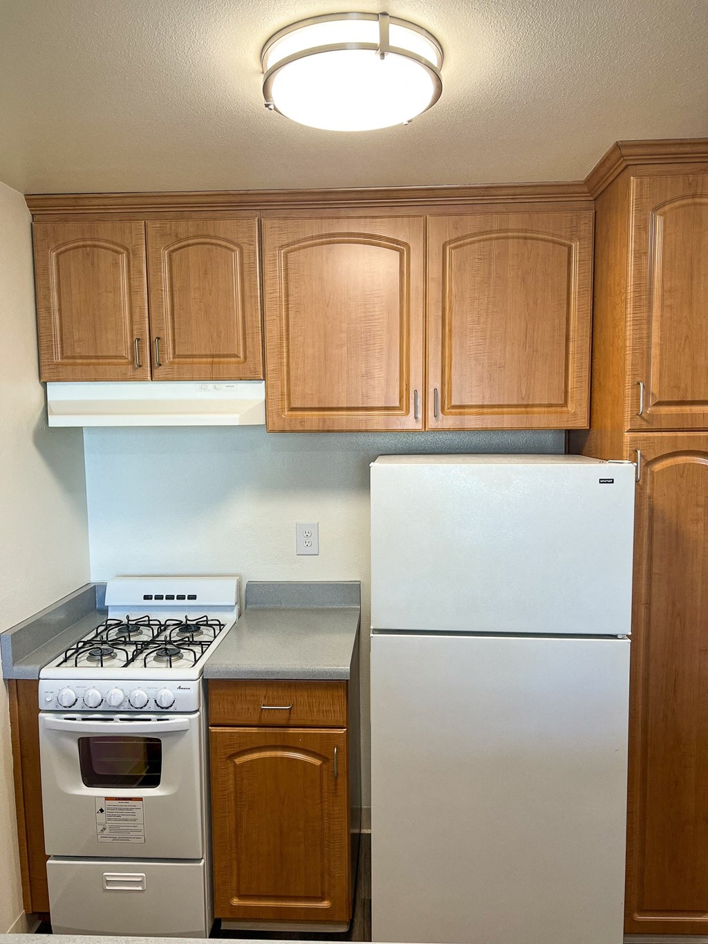 a kitchen with white appliances and wooden cabinets and a refrigerator