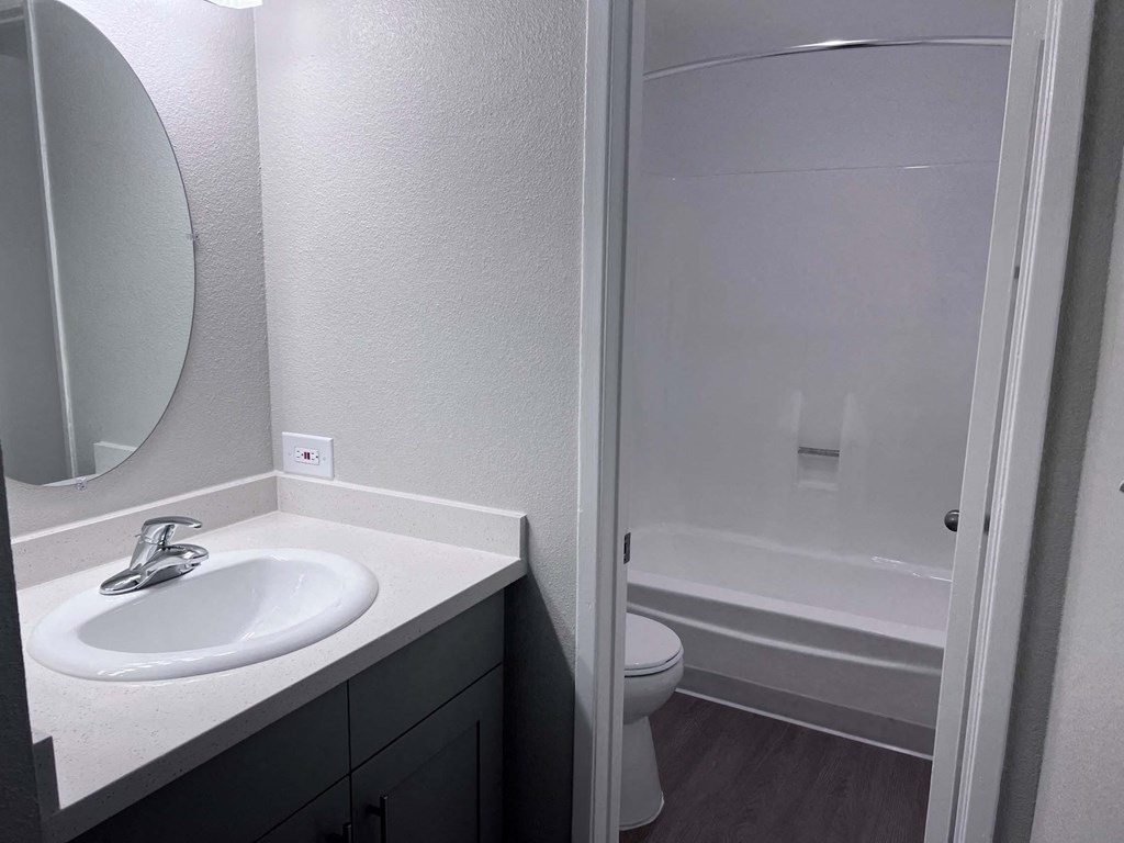 a bathroom with a sink and a shower and a toilet