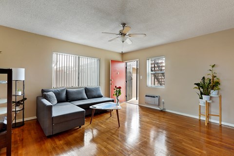 A living room with a grey couch and a ceiling fan.