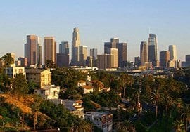 A city skyline with tall buildings and palm trees in the foreground.