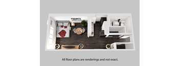 an overhead view of a one bedroom apartment with a bed and a dining table