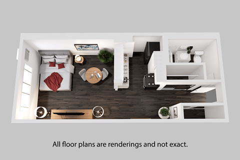 an overhead view of a one bedroom apartment with a bed and a dining table