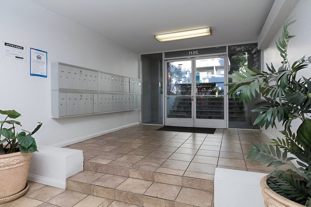 a view of the entrance to a locker room in a building