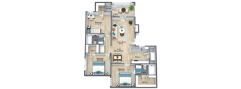 A detailed 3D floor plan of a three-bedroom apartment.