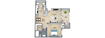 A 3D rendered image of a house layout with a living room, kitchen, dining room, bedroom, bathroom, and storage.