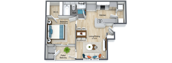 A floor plan of a small apartment with a living room, kitchen, bedroom, bathroom, and storage area.