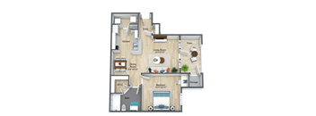 A 3D rendered image of a house layout with labeled rooms.
