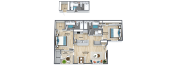 A floor plan of a two-bedroom apartment with a living room, kitchen, and bathrooms.
