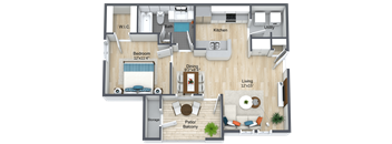 A floor plan of a small apartment with a living room, kitchen, and bathroom.