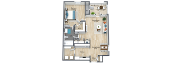 A floor plan of an apartment with a living room, dining room, kitchen, bath, and bedroom.