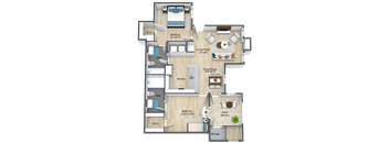 A floor plan of an apartment with a living room, dining room, kitchen, and multiple bathrooms.