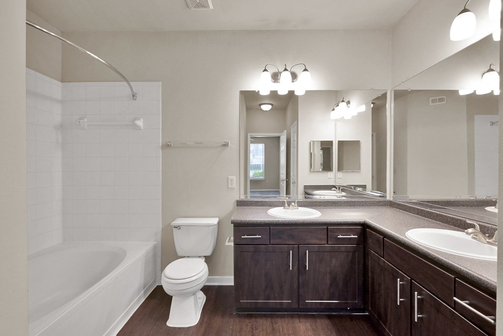 a bathroom with a bathtub toilet sink and mirror