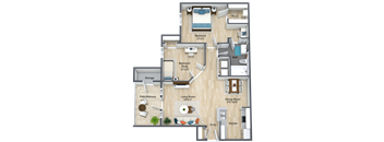 A floor plan of a living space with a living room, kitchen, two bedrooms, a bathroom, and storage.