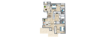 A floor plan of a two-bedroom apartment with a living room, dining room, kitchen, and bathroom.