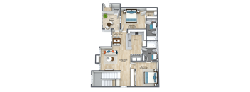 A floor plan of an apartment with a living room, dining room, kitchen, and multiple bedrooms.