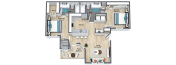 A floor plan of an apartment with two bedrooms, a living room, a kitchen, a bathroom, a storage area, and a balcony.