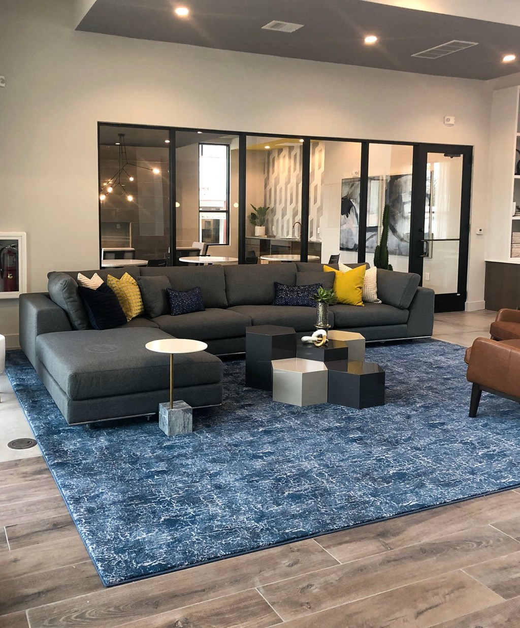 a living room with a gray couch and a blue rug