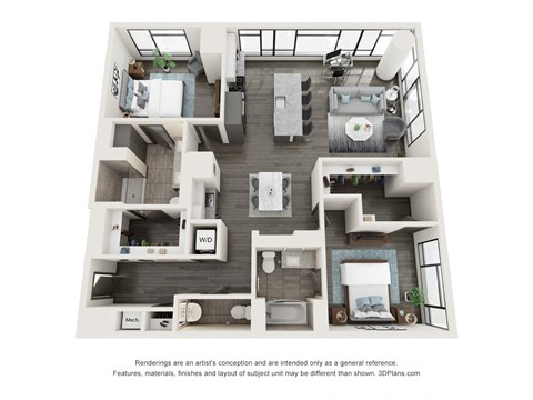 B1d two bedroom three bath floorplan