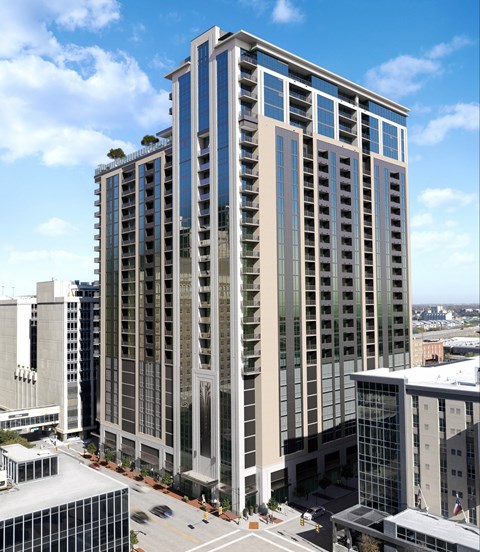 exterior drone image of Deco Apartments