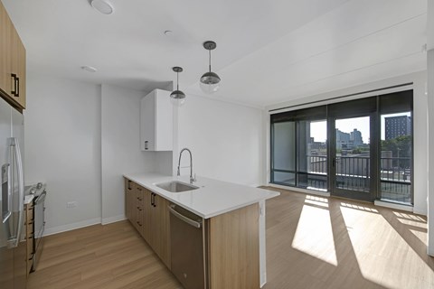 The Alcott Kitchen Island and Living Room