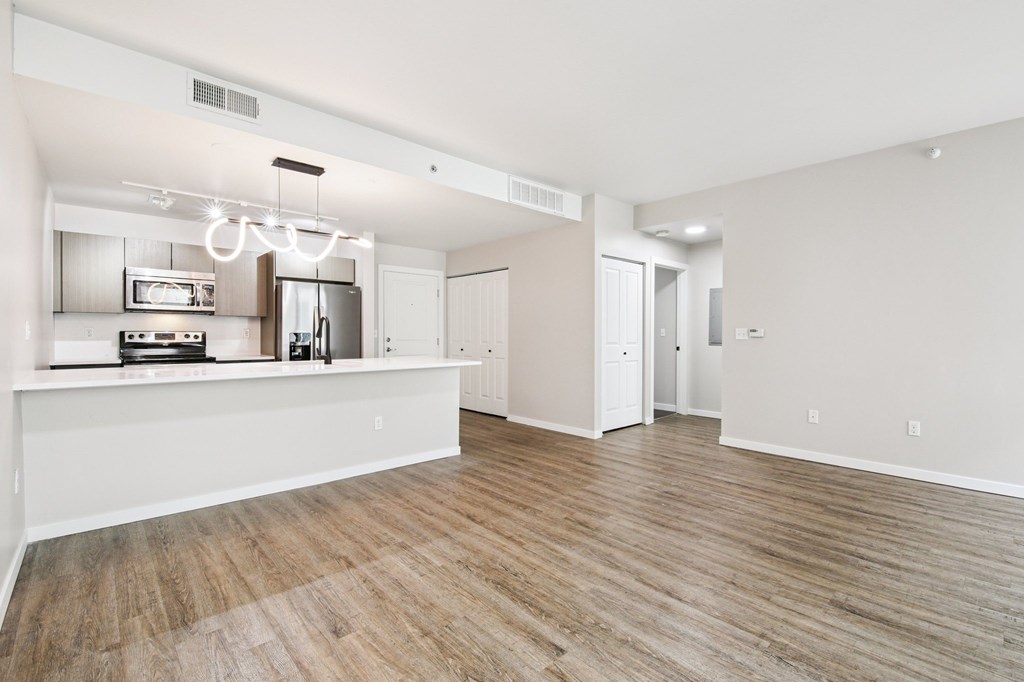 A kitchen area with a counter and cabinets.