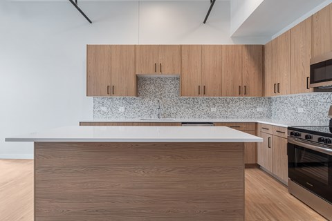 A kitchen with wooden cabinets and a countertop.