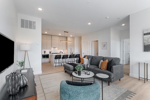 A modern living room with a grey couch and a black coffee table.